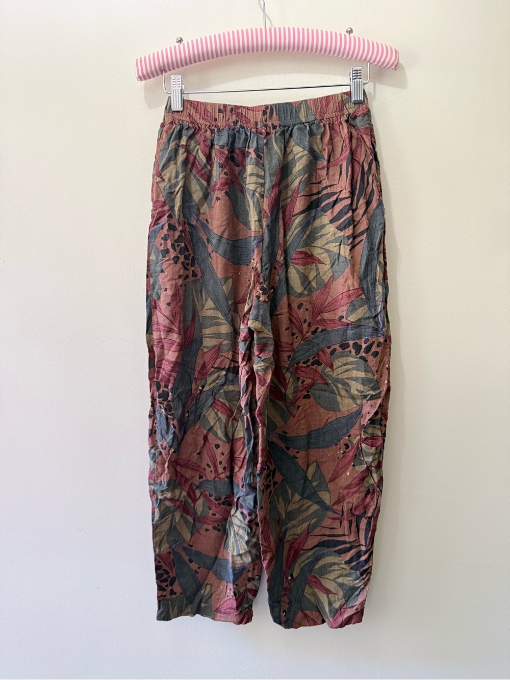 Vintage Rebecca Stone Earth Tone Boho Loose Leg Harem Pants Tropical Plants XS
